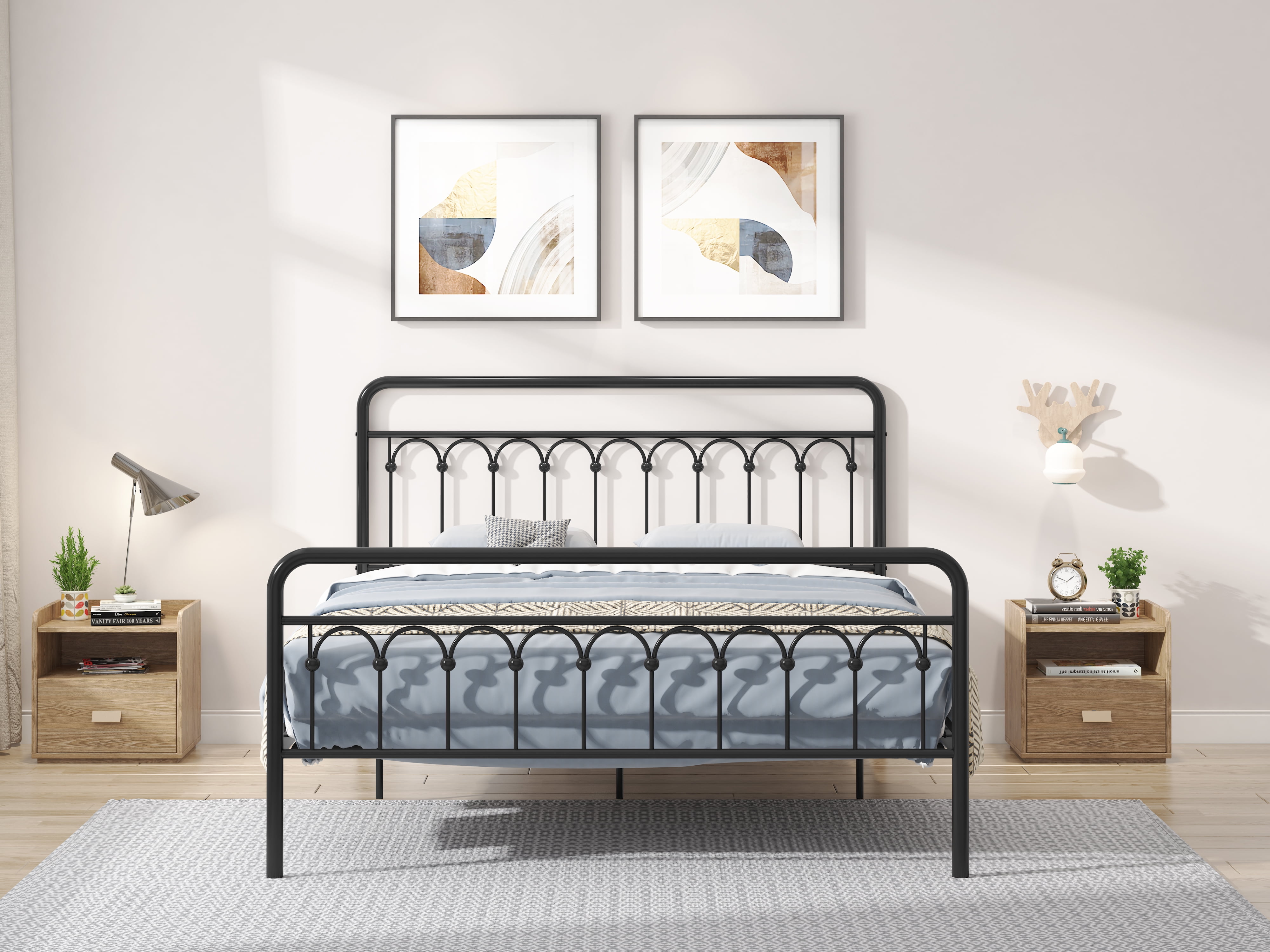 Euroco Metal Queen Size Platform Bed with Headboard and Footboard, Antique Brown