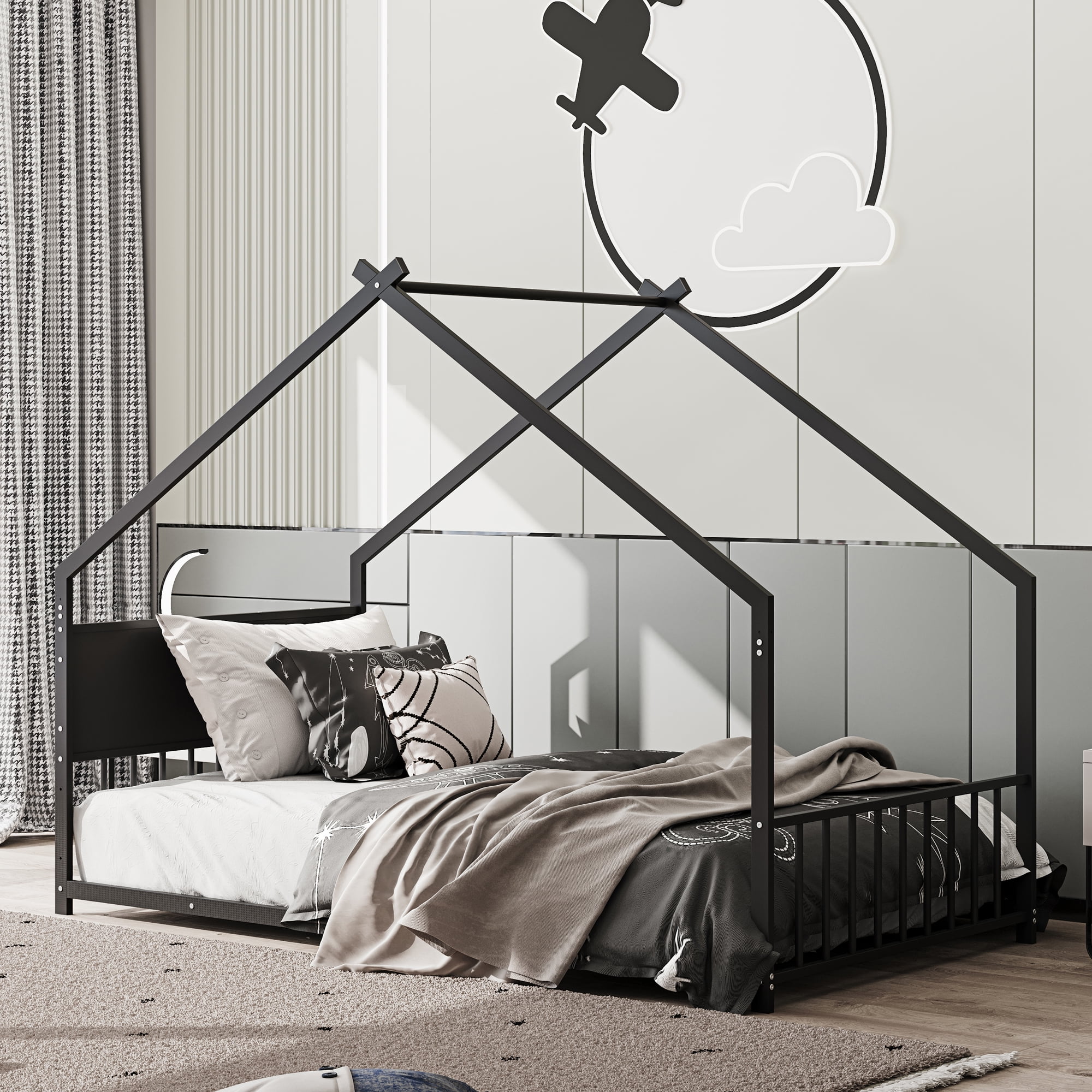 Euroco Metal  Twin Size House Bed with LED Lights, Floor Bed with Roof Design, Black