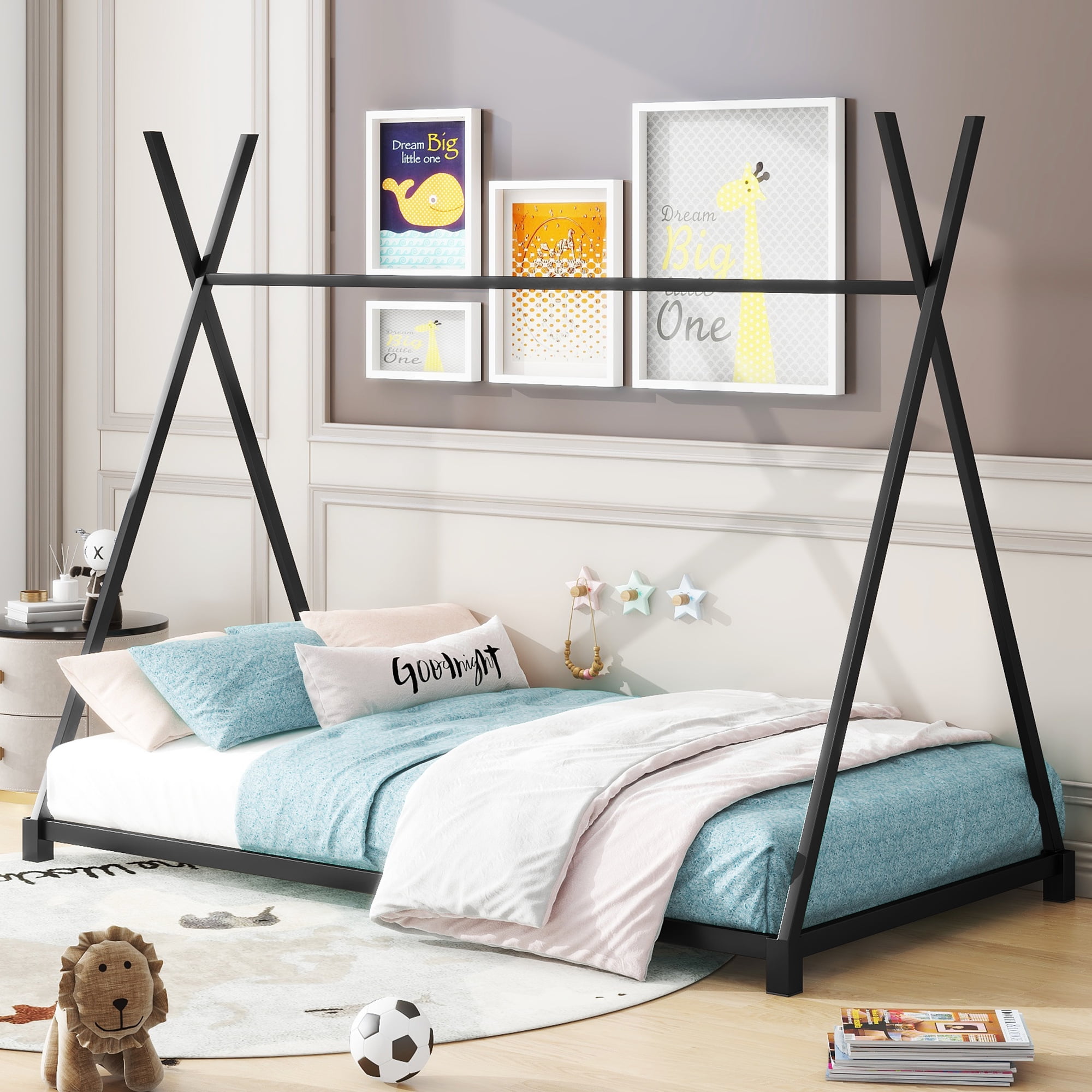 Euroco Metal Tent Bed Frame, Twin Size Bed for Kids Bedroom, Black