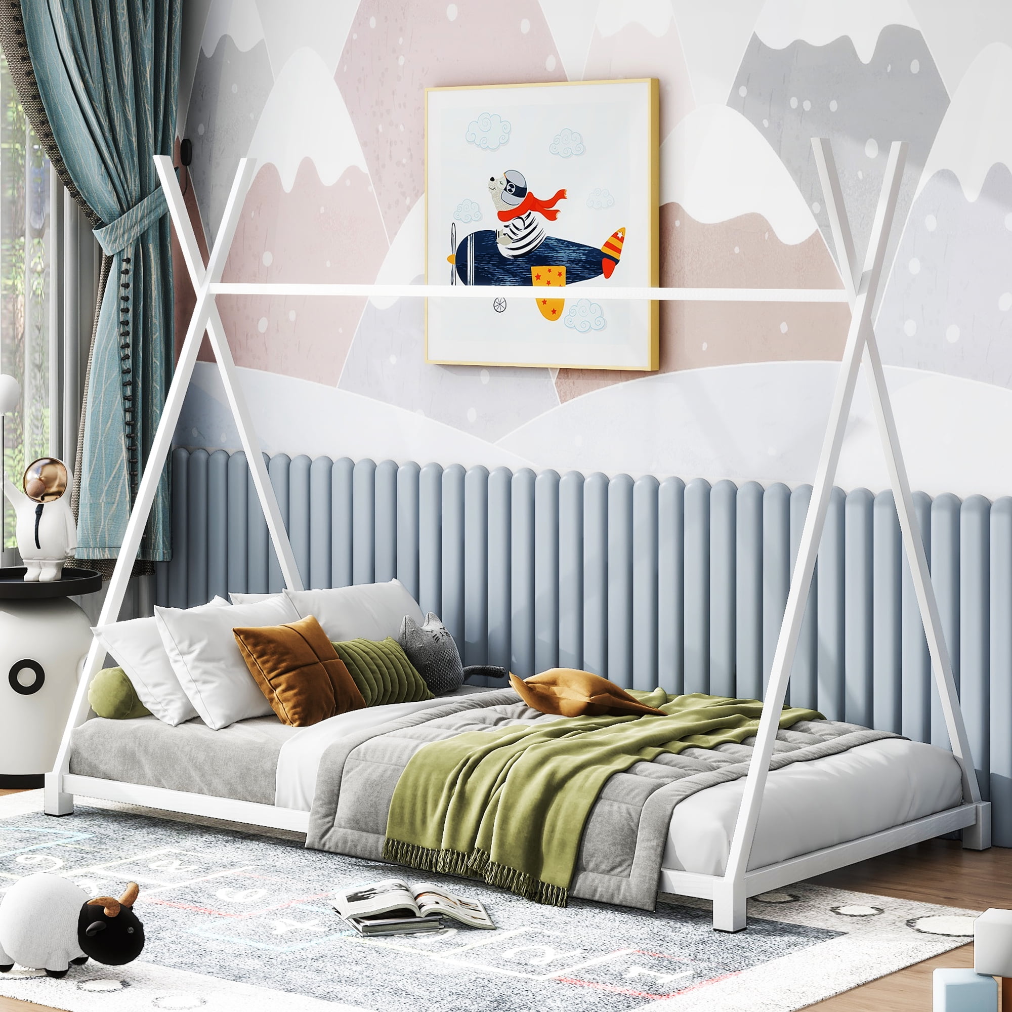 Euroco Metal Tent Bed Frame, Twin Size Bed for Kids Bedroom, White