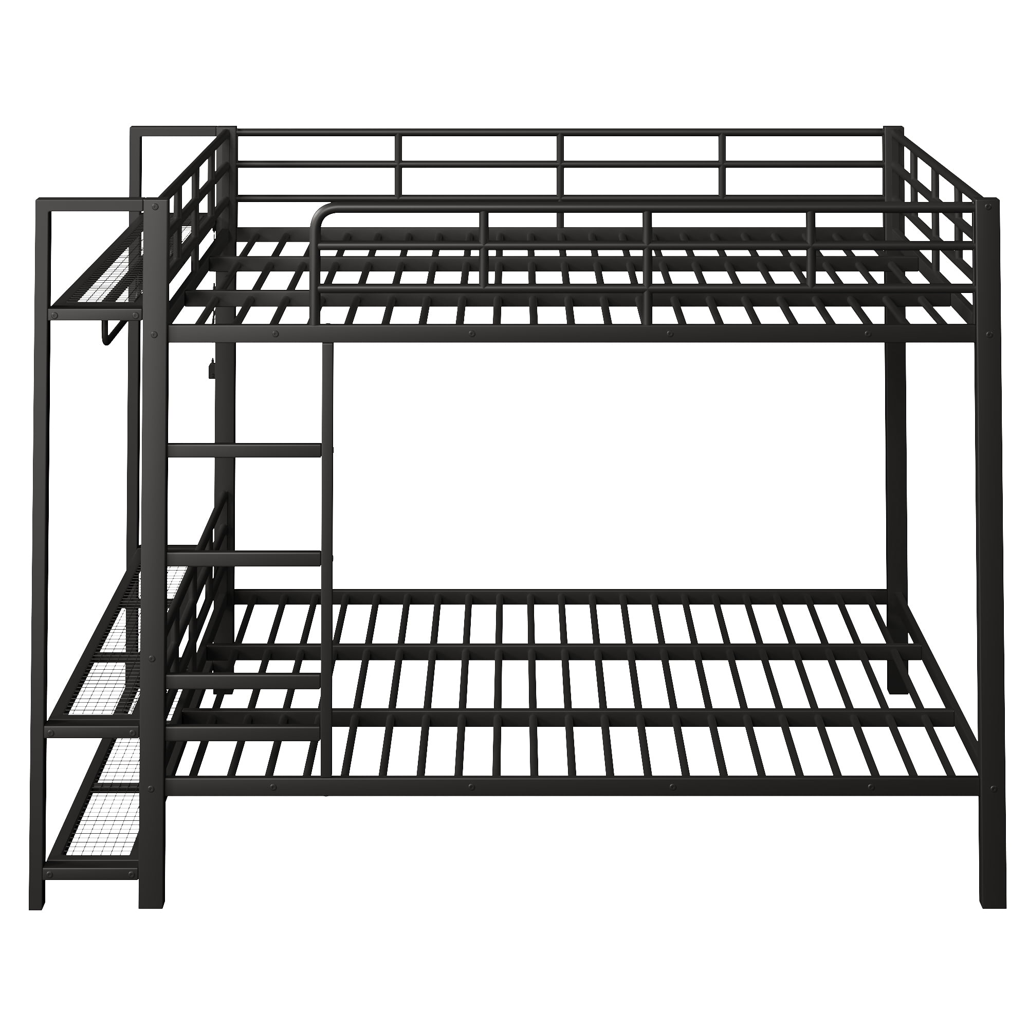 Euroco Metal Queen over Queen Bunk Bed wih Storage Shelves, Clothes Hanger and LED Light for Kids Teens Room, Black