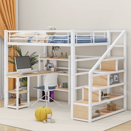 Euroco Metal Twin Bed, Loft Bed with Desk and Bookcase, Shelf and Storage Staircase, White
