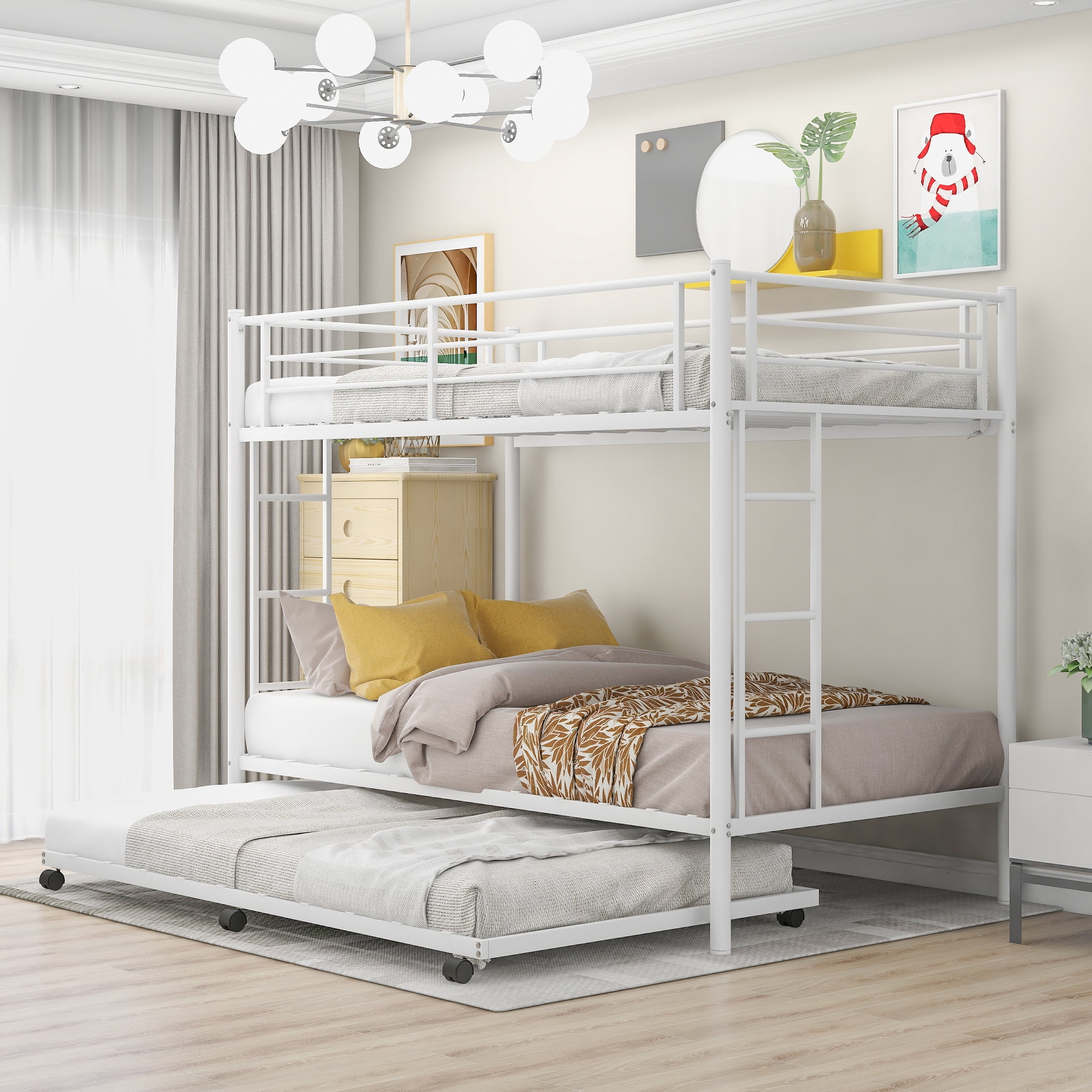 Euroco Metal Twin Bunk Bed with Trundle, 3 Beds for Kids and Teens, Solid Ladder and Safety Guardrails, White