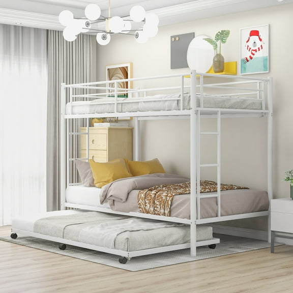 Euroco Metal Twin Bunk Bed with Trundle, 3 Beds for Kids and Teens, Solid Ladder and Safety Guardrails, White