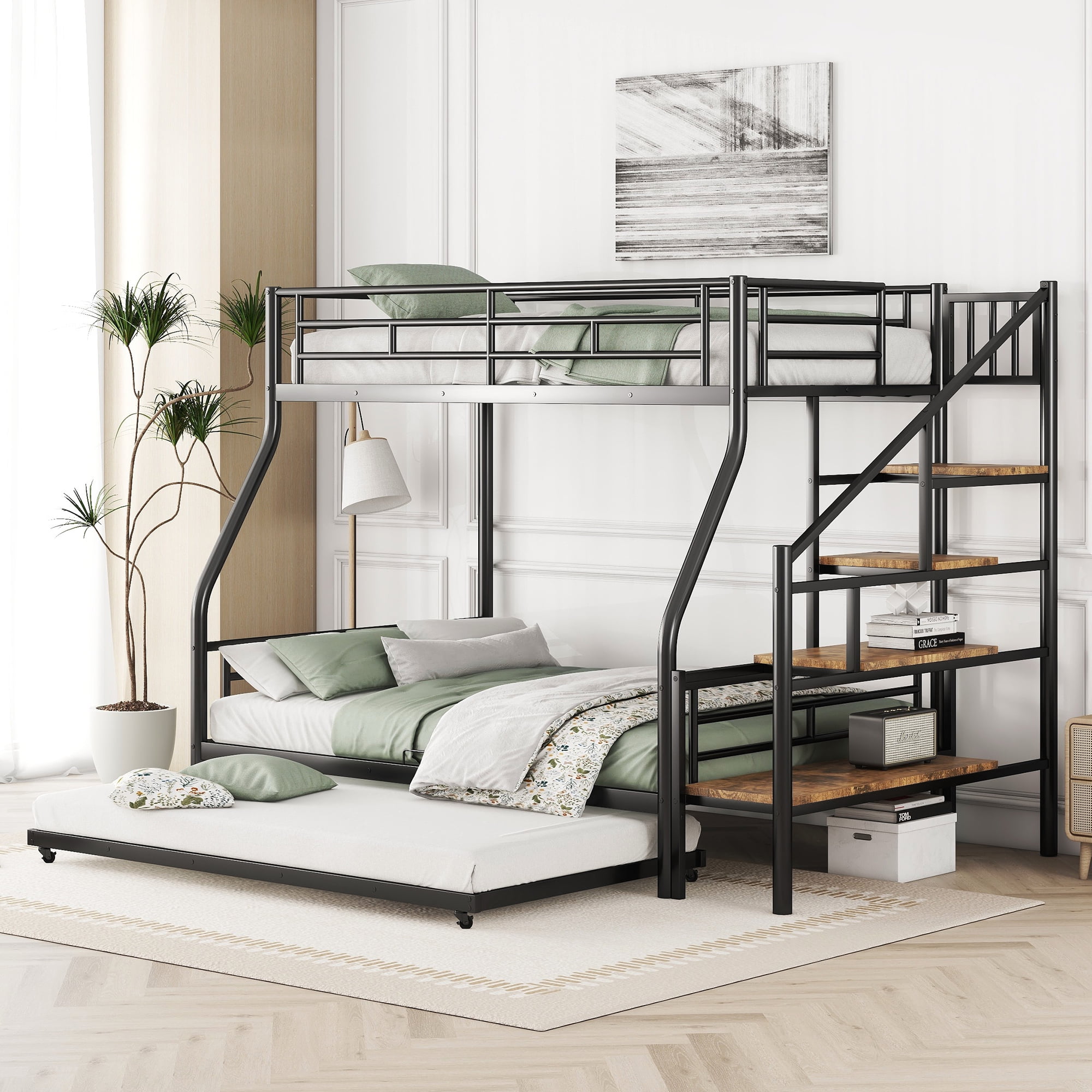 Euroco Metal Twin over Full Stairs Bunk Bed with Trundle, Storage Shelf for Kids, Black
