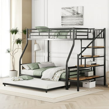 Euroco Metal Twin over Full Size Bunk Bed, Bunk Bed with Storage Staircase and Twin Trundle Bed, Multiple Storage Bed with Shelf for Kids Bedroom, Black