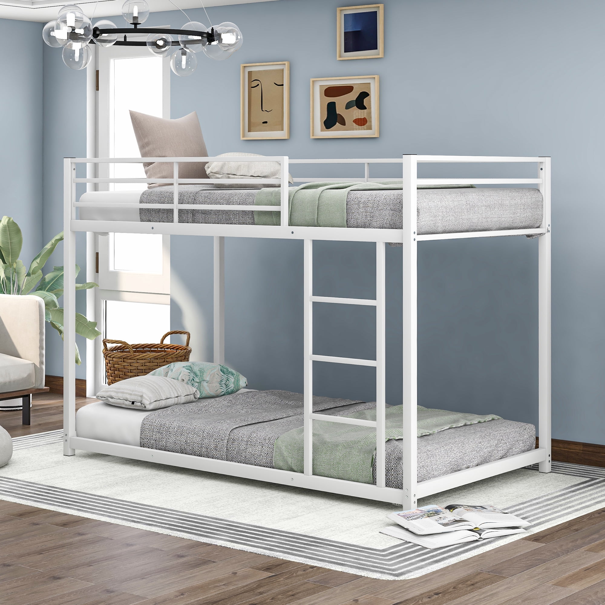 Euroco Metal Twin over Twin Size Bunk Bed, Low Profile Bunk with Ladder and Full Length