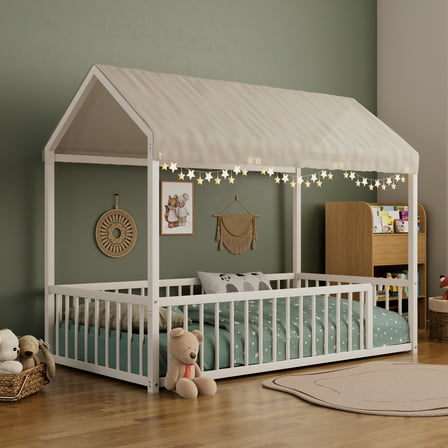 Euroco Metal Twin Size Canopy Bed, Low Profile House Bed with Guardrails, White