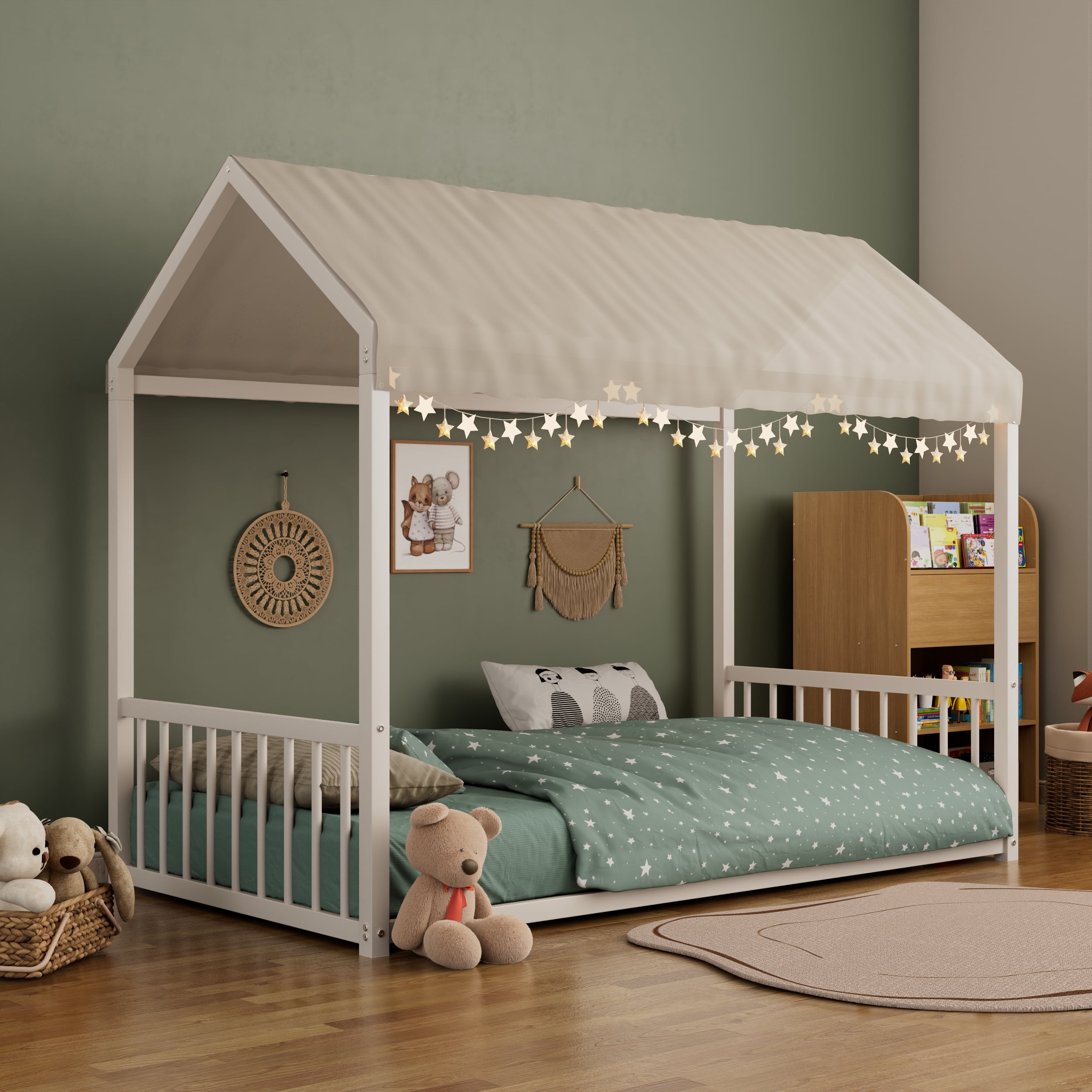 Euroco Metal Twin Size Canopy Bed, Low Profile House Bed with Guardrails, White