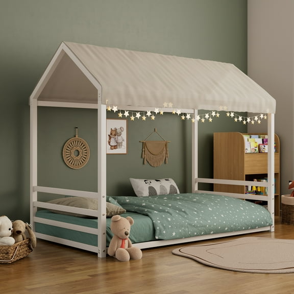 Euroco Metal Twin Size Canopy Bed, Low Profile House Bed with Guardrails, White