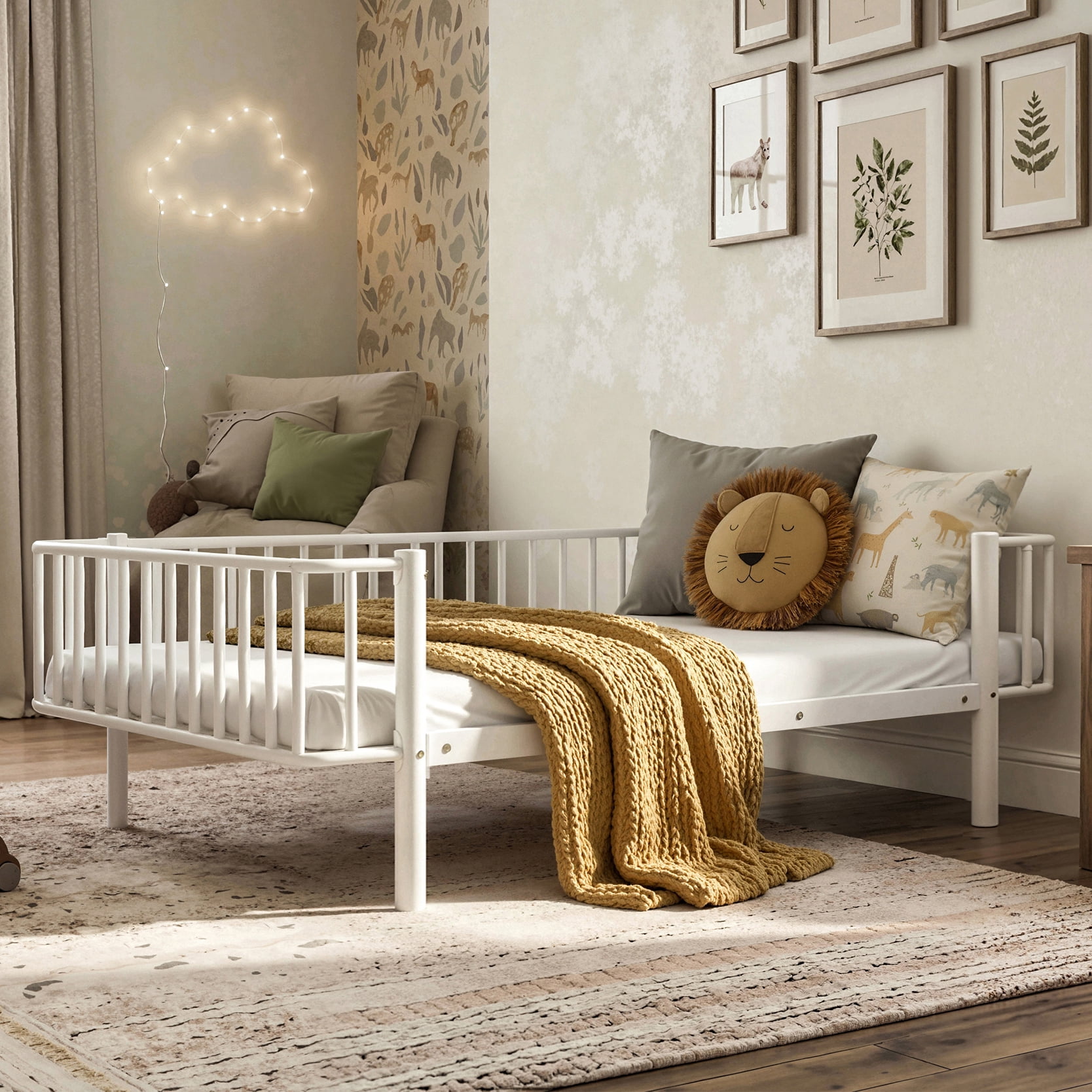 Euroco Metal Twin Size Daybed, Sturdy Metal Sofa Bed with Guardrails, No Box Spring Needed, White