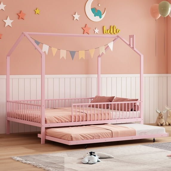 Euroco Metal Twin Size House Bed, Daybed with Trundle for Kids Teens, Pink