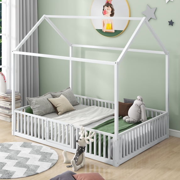 Euroco Metal Twin Size House Bed Frame, Low Profile Canopy Bed with Fence and Door, White