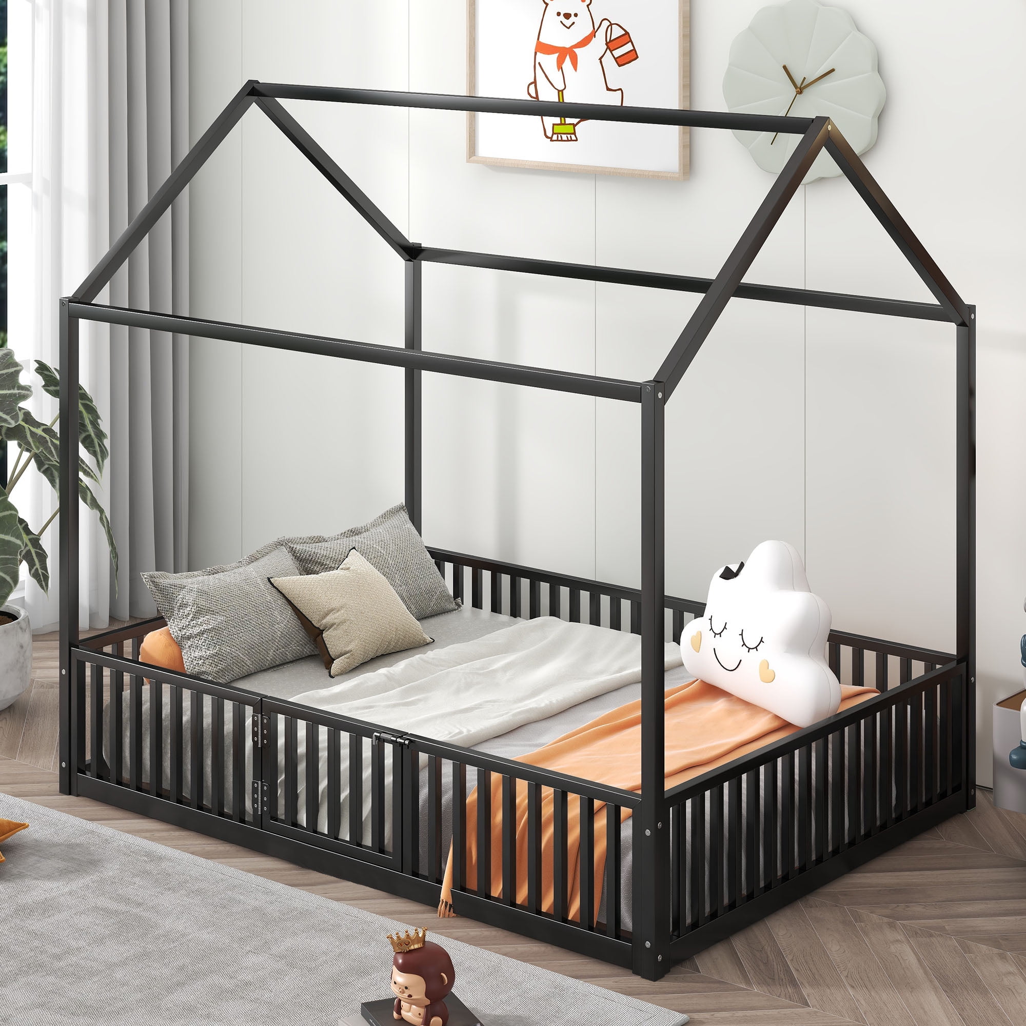 Euroco Metal Twin Size House Bed Frame, Low Profile Canopy Bed with Fence and Door for Kids, Black