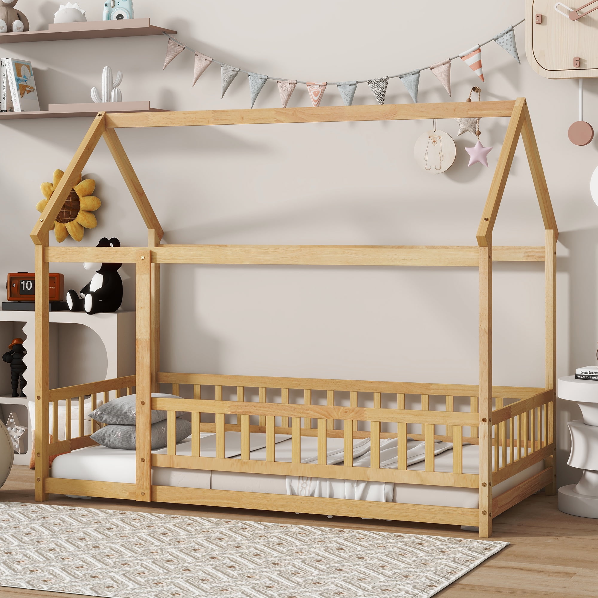 Euroco Wood Twin Size House Bed, Platform Bed with Roof and Guardrails, Natural