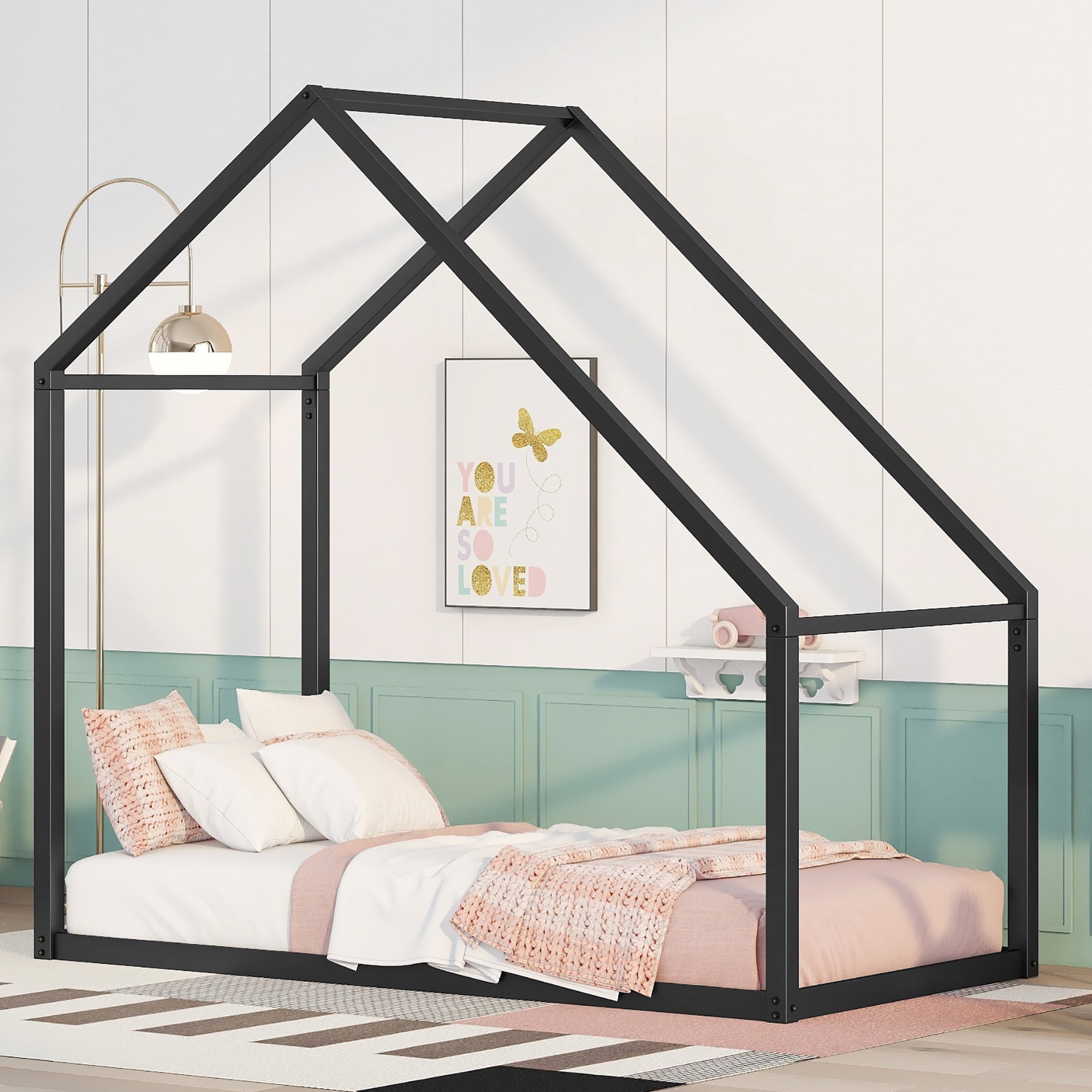 Euroco Metal Twin Size House Bed for Kids, Black