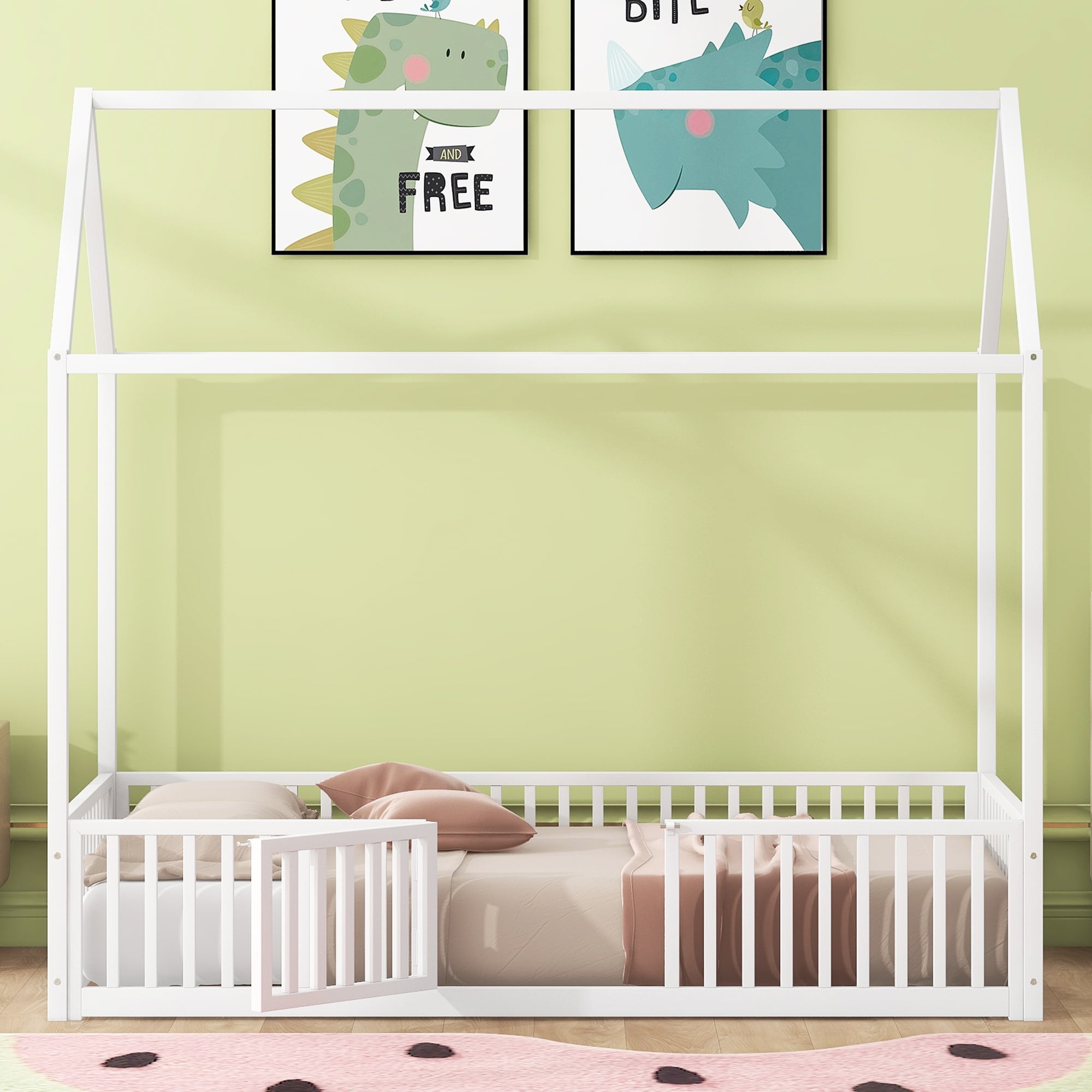 Euroco Metal Twin Size House Bed with Fence and Door for Kids, White