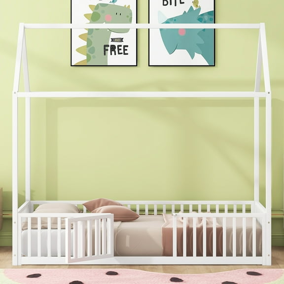 Euroco Metal Twin Size House Bed with Fence and Door for Kids, White