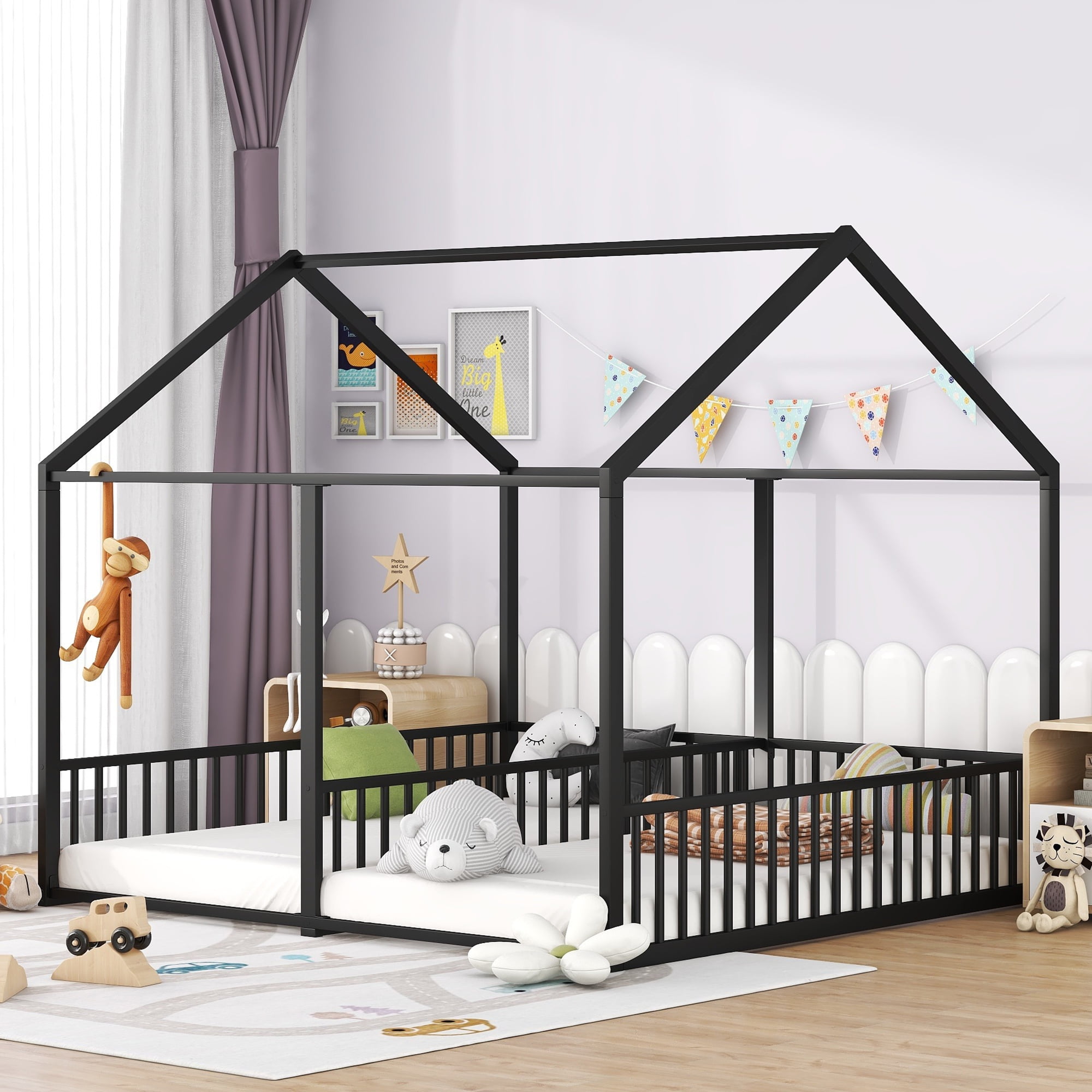 Euroco Metal Twin Size House Canopy Bed, 2-in-1 Beds for Kids Room, Black