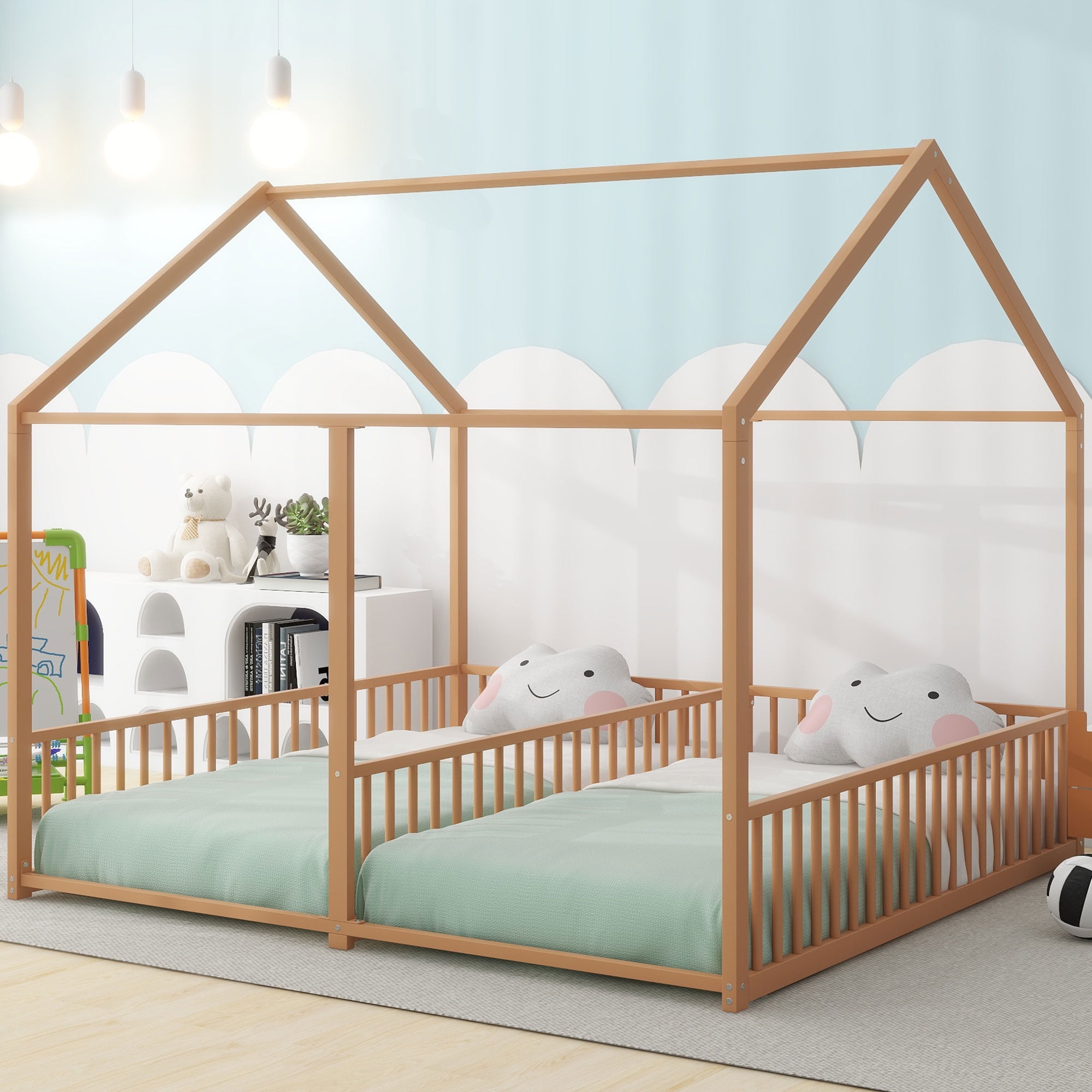 Euroco Metal Twin Size House Canopy Bed, 2-in-1 Platform Beds for Kids Teens Room, Gold