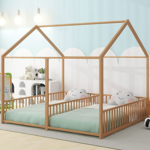 Euroco Metal Twin Size House Canopy Bed, 2-in-1 Platform Beds for Kids Teens Room, Gold