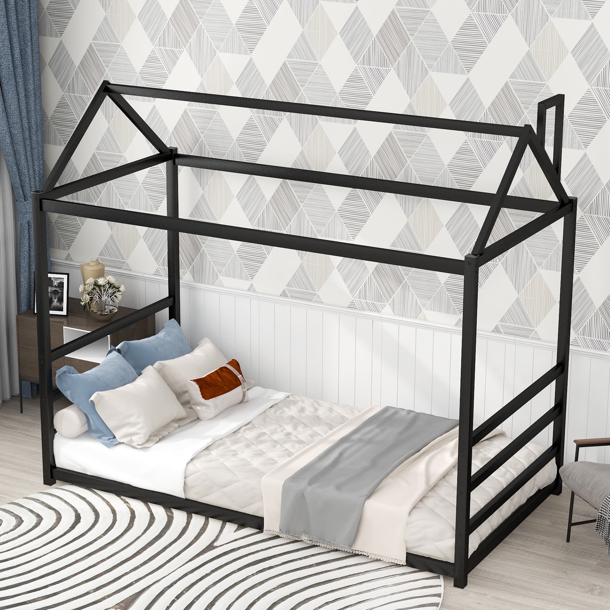 Euroco Metal Twin Size House Platform Bed with Roof and Chimney Design