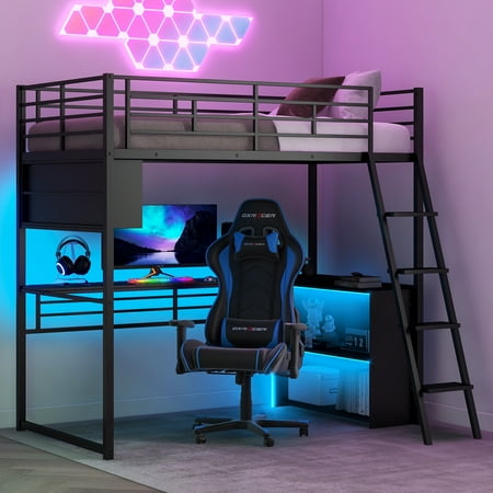 Euroco Metal Twin Size Loft Bed, Gaming Bed with Desk and LED Light for Kids Teens
