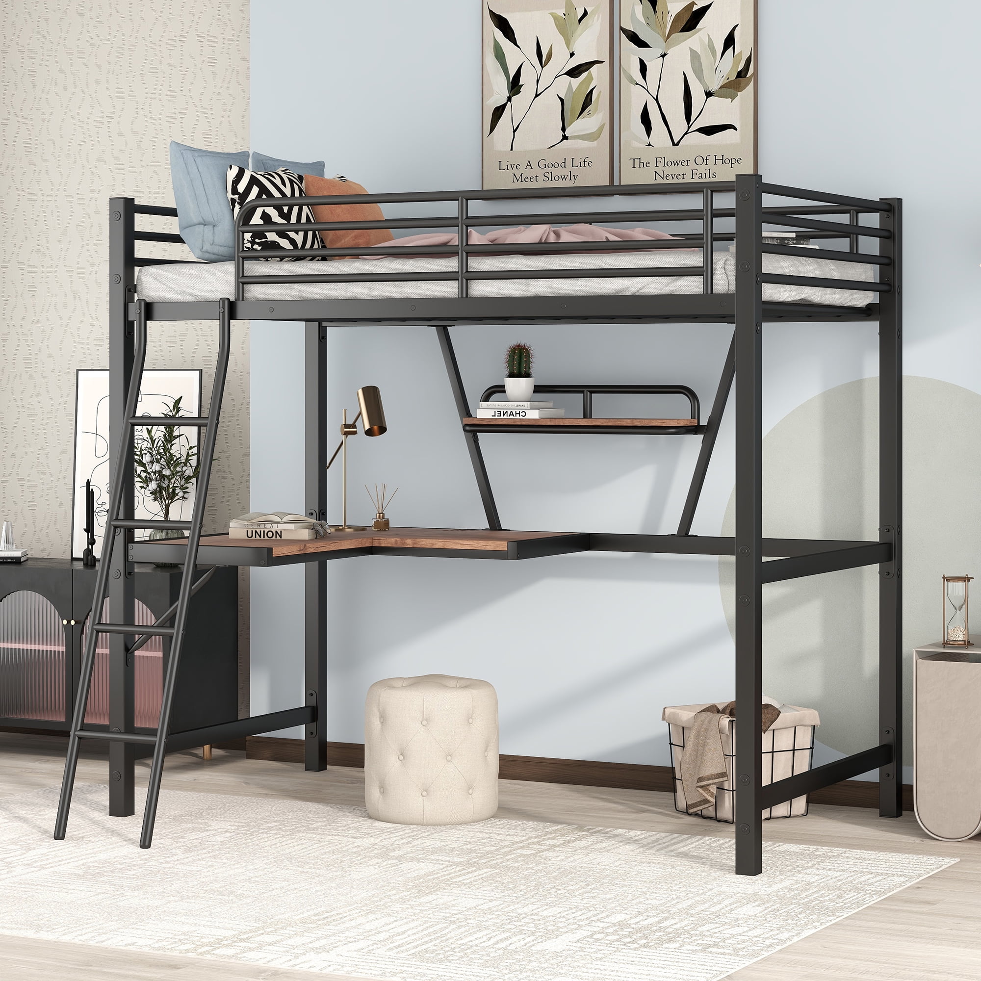 Euroco Metal Twin Size Loft Bed with Desk and Shelf for Kids, Black
