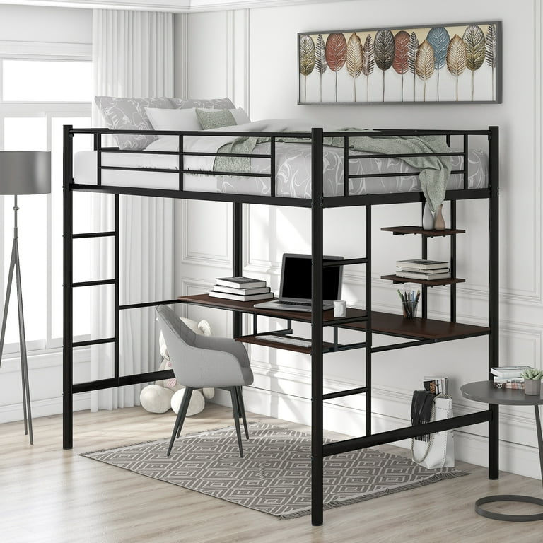 Free Shipping! Euroco Metal Twin Loft Bed with Desk and Shelf