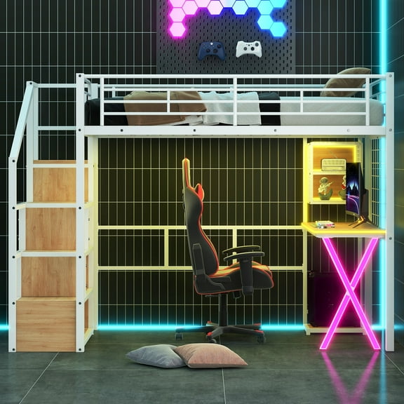 Euroco Metal Twin Size Loft Bed with Desk and Shelves, Storage Wardrobe and LED Light Gaming Bed for Kids Teens, White