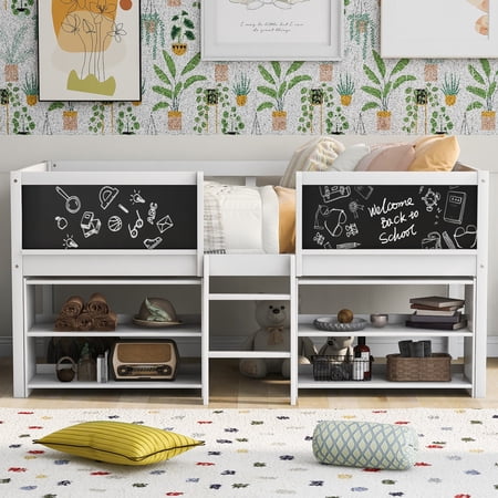 Euroco Twin Size Loft Bed with Shelves and Chalkboard, Storage Bed with Guardrails, White