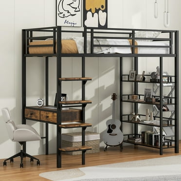 Euroco Metal Twin Size Loft Bed with Desk and Storage Shelves for Kids Teens Adults