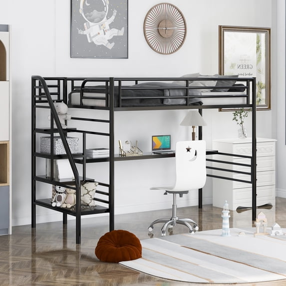 Euroco Metal Twin Size Loft Bed with Desk and Storage Staircase, Black