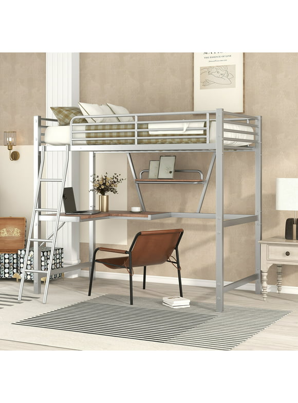 Euroco Metal Twin Size Loft Bed with Desk for Kids, Solid Metal Bed with Shelf, No Box Spring Needed, Silver