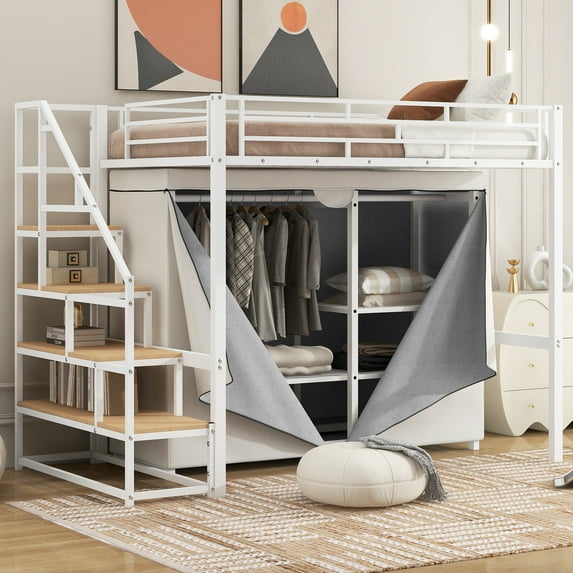 Euroco Metal Twin Size Loft Bed with Wardrobe and Storage Staircase for Kids Teens