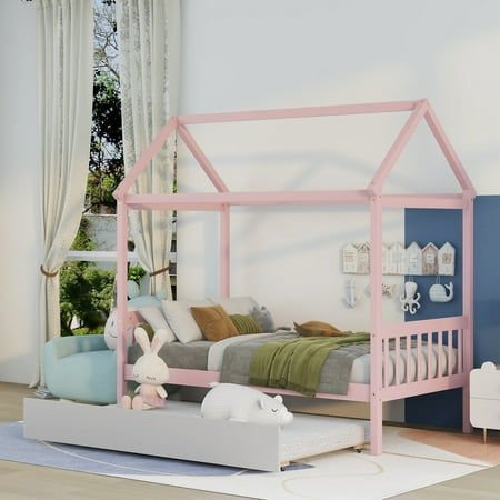 Euroco Wood Twin Size Platform Bed, House Bed with Trundle, Pink