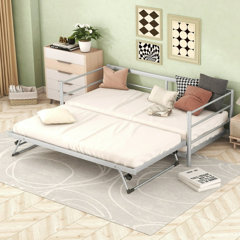 Euroco Metal Twin Size Platform Bed Convertible Daybed with Trundle Pop up Trundle for Bedroom Walmart
