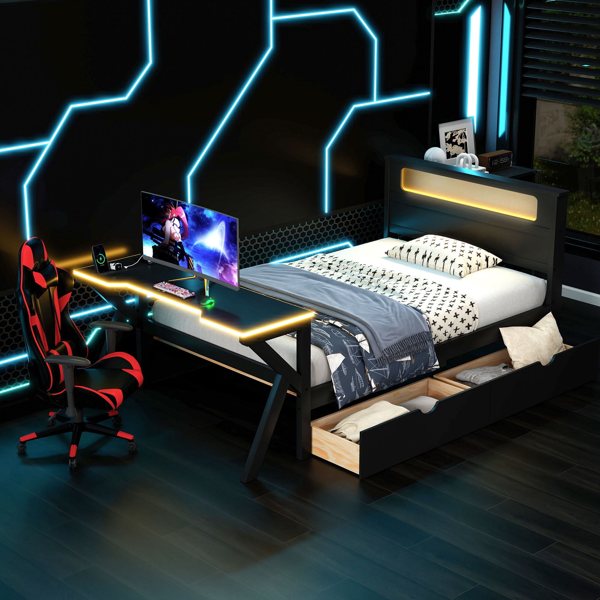 Euroco Wood Twin Size Platform Bed with Drawers, Gaming Bed with Desk, LED Light and USB Charging Station, Black