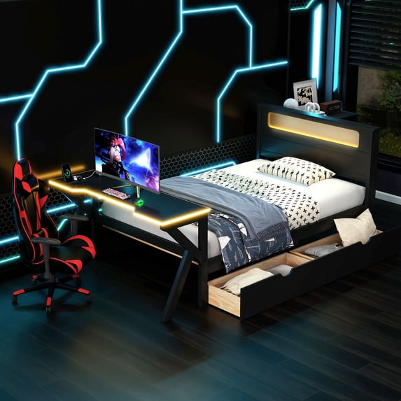 Euroco Wood Twin Size Platform Bed with Drawers, Gaming Bed with Desk ...