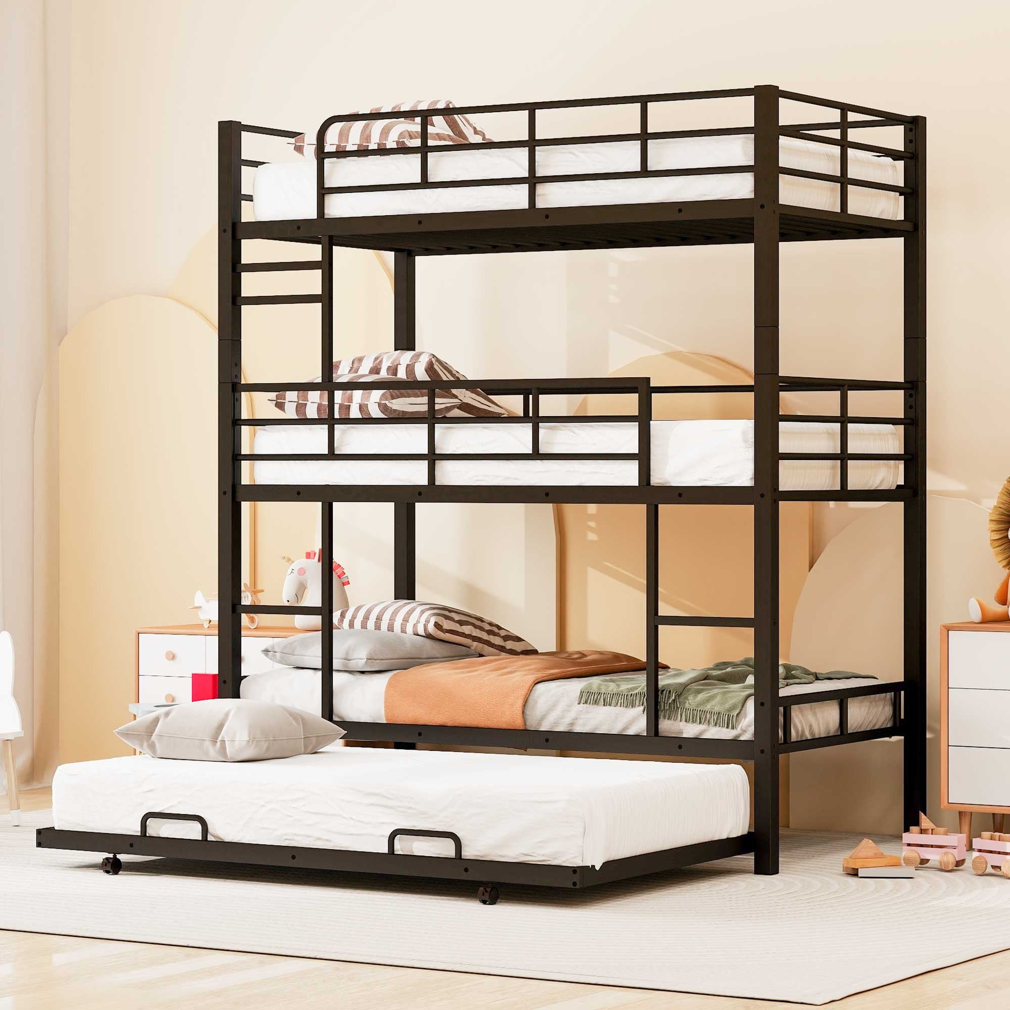 Euroco Metal Twin Triple Bunk Bed with Trundle, Convertible Beds
