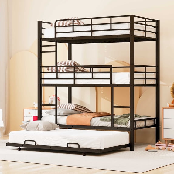 Euroco Metal Twin Triple Bunk Bed with Trundle, Convertible 4 Beds in One Bunk for Kids Teens, Black