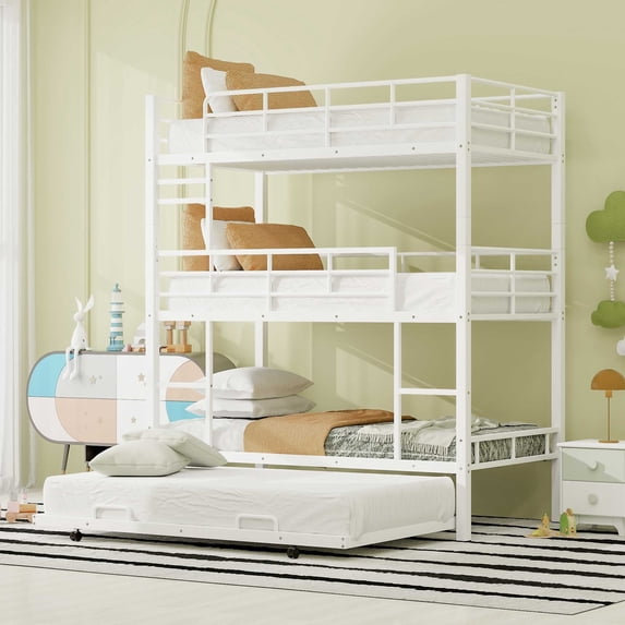 Euroco Metal Twin Triple Bunk Bed with Trundle, Convertible 4 Beds in One Bunk for Kids, White