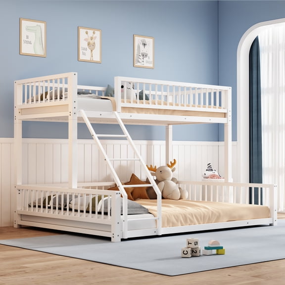 Euroco Metal Twin XL over Queen Bunk Bed, Convertible Floor Bed with Ladder and Guardrails, White