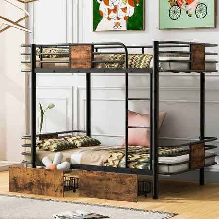 Euroco Metal Twin XL over Twin XL Bunk Bed with Storage Drawers, Black