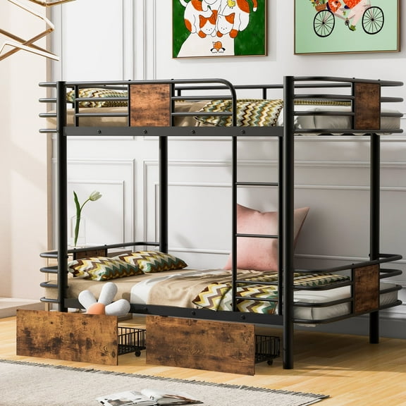 Euroco Metal Twin XL over Twin XL Bunk Bed with Storage Drawers, Black