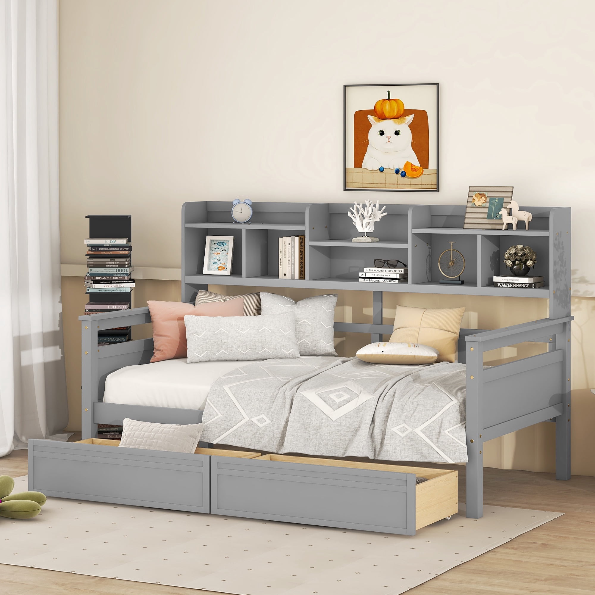 Euroco Wood Twin Size Platform Bed with 2 Drawers, Captain Bed with Storage Shelves, Gray