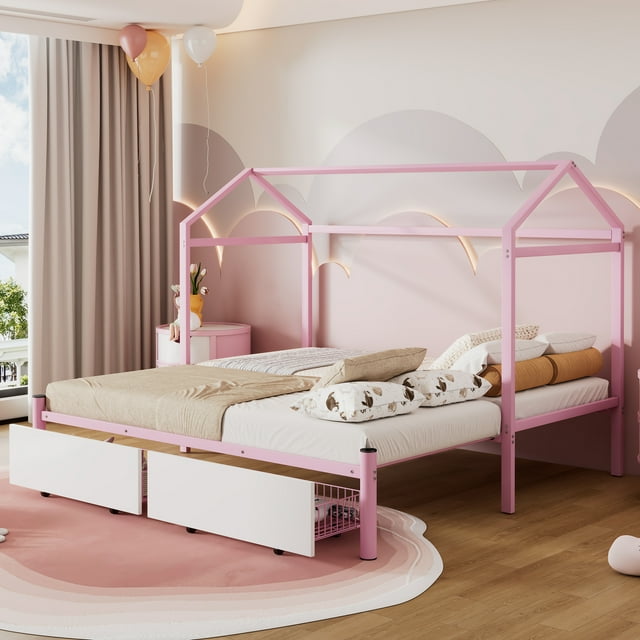 Euroco Metal Twin XL to King Size House Platform Bed with Drawers for