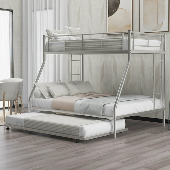 Euroco Metal Twin over Full Bunk Bed with Moveable Trundle & 2 Ladders for Bedroom, 3 Beds for Kids Teens Adults and Guests, Silver