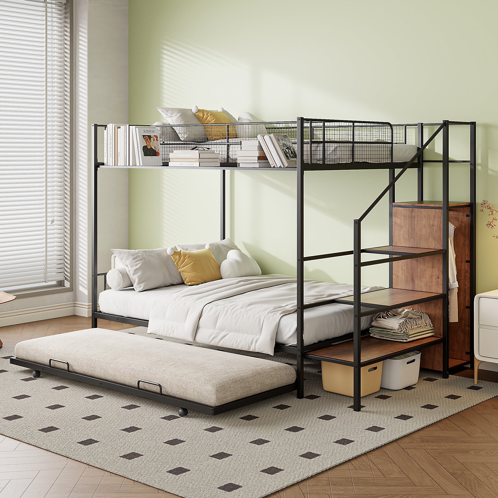 Euroco Metal Twin over Full Bunk Bed with Trundlle, Open Wardrobe and ...