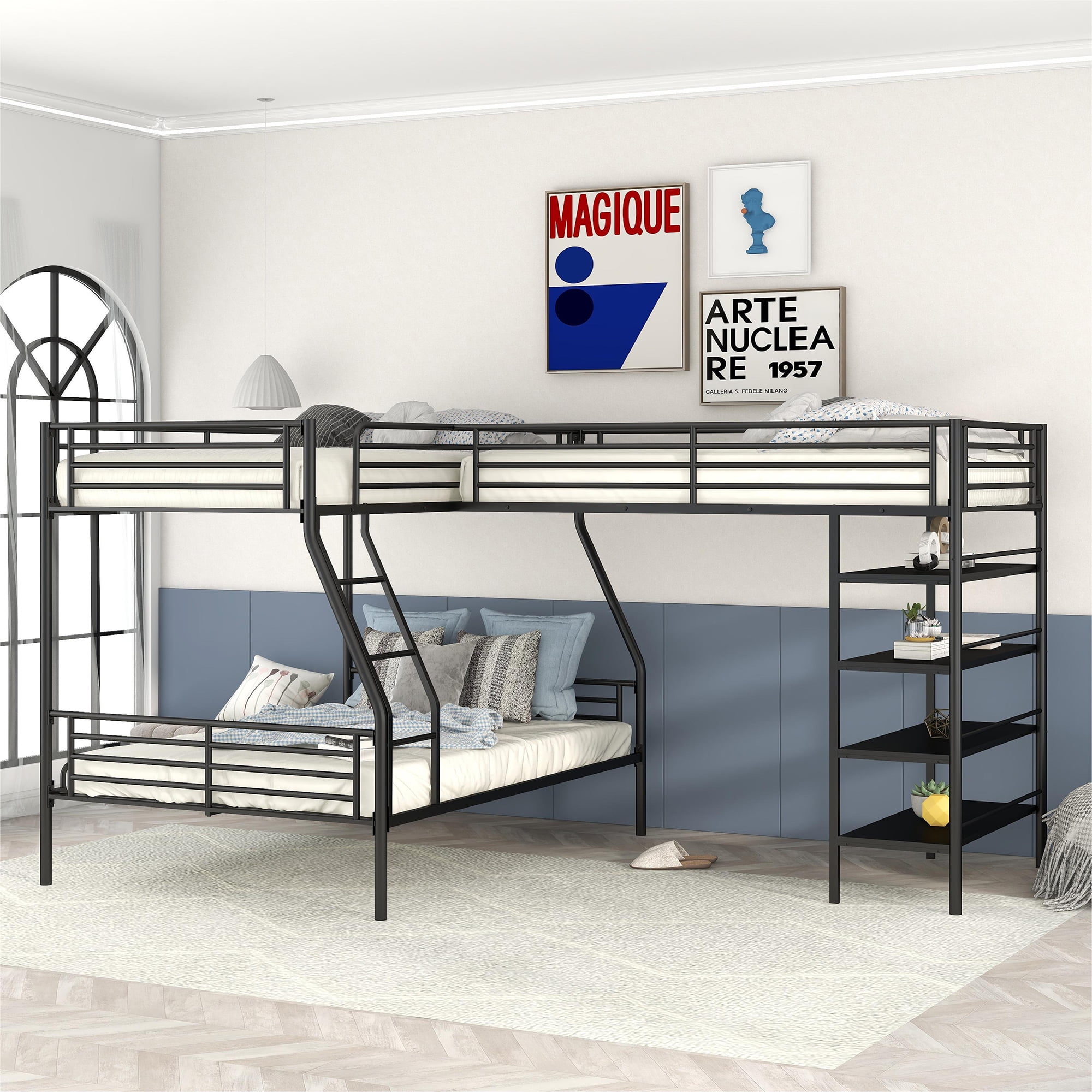 Euroco Metal Twin over Full Bunk and Twin Loft Bed with FourTier Shelves for Kids Teens Adults